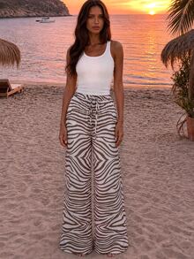 Nevyona Brown And Zebra Print Drawstring Wide-Leg Pants For Women, Suitable For Spring And Summer Beach Outings, Casual Wear, And Versatile Bottoms - Brown - View 6