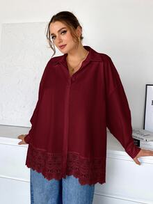 SHEIN Essnce 大尺碼女款純色休閒百搭日常長袖襯衫 - 酒紅色 - 查看 4