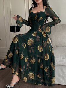 Feyla Women's Elegant Floral Print Waist-Cinching Long Dress - Army Green - View 1