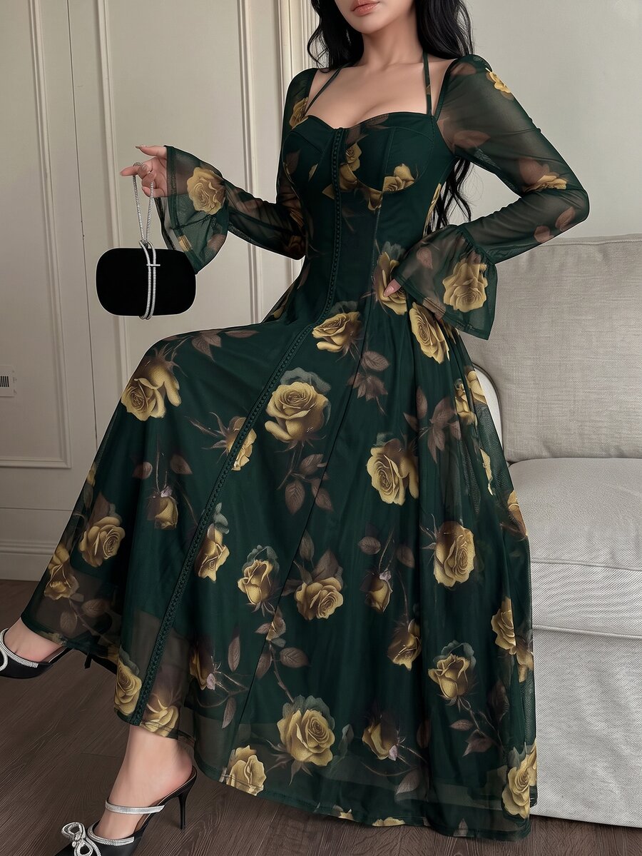 Feyla Women's Elegant Floral Print Waist-Cinching Long Dress - Army Green - View 1