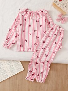 SHEIN 2-Piece Girls Toddler Cute Ruffle Lapel Long Sleeve & Long Pants Pink And White Striped Bow Print Comfy Lightweight Knit Autumn/Winter Pajamas - Baby Pink - View 2