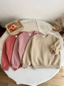 SHEIN LMoss Kids 女童 3 件組針織素色圓領寬鬆休閒秋季衛衣套裝 - 粉色 - 查看 4