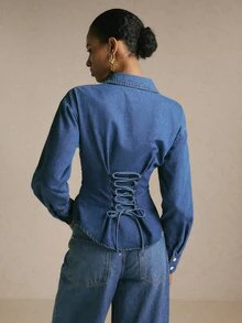 Poéselle Women's Fashion Single-Breasted Cinched Waist Long Sleeve Denim Top - Medium Wash - View 2