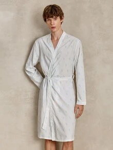 EverLounge Jubah Santai Pria Motif Cetak Seluruh Permukaan dengan Sabuk untuk Musim Gugur - Blue and White - View 7