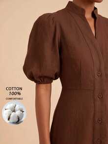 Travachic Women's Solid Color Short Petal Sleeve Single-Breasted Elegant Casual Dress - Brown - View 2