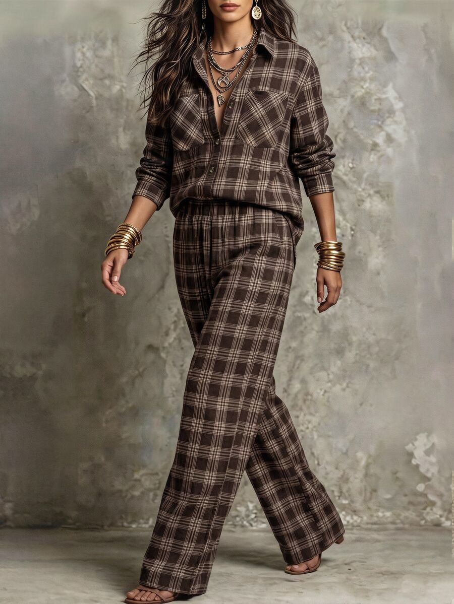 Linhara CURVE Plus Size Women's Casual Check Shirt And Pants Autumn Set - Brown - View 1