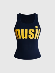 ROMWE Y2K Aesthetic Letter Slogan Graphic Print Women's Racerback Tank Top - Navy Blue - View 1