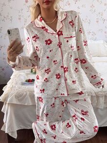 CottageSlumber Women's Cherry Bow Pattern Velvet Front Button Opening Patch Pocket Long Sleeve Pants Pajama Set - Red - View 5