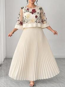 Elenzga Plus Size Women's Elegant 3D Floral Mesh Pleated Long Dress - Apricot - View 3