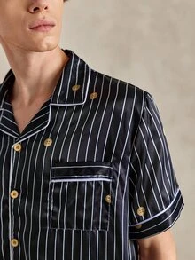EverLounge Conjunto de ropa de estar en casa casual y lindo para hombres con top de manga corta y pantalones largos para dormir en casa, negro y dorado, verano - Multicolor - Ver 6