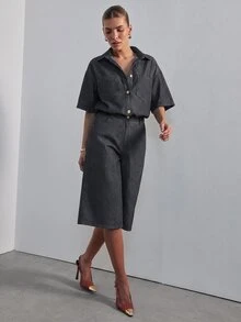 Hauture 女款短袖寬鬆長短牛仔連身褲，現代性感通勤辦公穿搭 - 黑色 - 查看 3