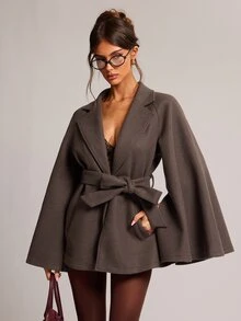SHEIN BAE معطف نسائي أنيق بأكمام كيب، خريف/شتاء - قهوة بني - مشاهدة 7