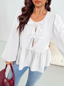 SHEIN Essnce Plus Size Elegant Bow Tie Tie-Up Ruched Blouse - White - View 6