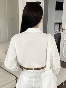 DAZY 女款純色長袖單排扣休閒通勤襯衫 秋季 - 米色 - 查看 2