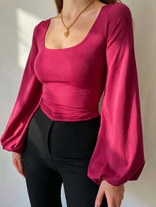 Cévolie 女款大尺碼方領燈籠袖長袖性感修身上衣 T-shirt - 玫紅色 - 查看 1