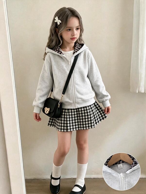 Young Girls Casual White Leopard Print Hooded Zip-Up Sweatshirt, Y2K Style, Streetwear, Retro, Back To School, Autumn/Winter Casual, Girls Casual, Autumn/Winter, Campus Style, Country Style, Hip Hop, Leopard Print Long Sleeve Top, Sweatshirt Jacket