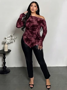 Firerie Plus Size Women's Tie-Dye Long Sleeve Asymmetrical Hem Fashion T-Shirt Fall - Multicolor - View 6