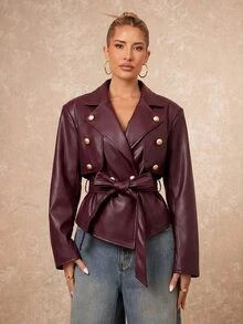 Lumalex Women's Solid-Color PU Leather Collared Long-Sleeve Double-Breasted Metal Buckle Belted Fashion Jacket Autumn Style Burgundy Grain Stylish Oversized - Burgundy - View 9