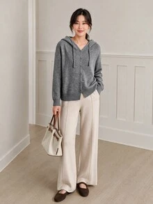 Yumoku Women's Versatile Casual Single-Breasted Hooded Knit Cardigan Everyday Brunch Grey Autumn Everyday Women Winter Sweater - Grey - View 3