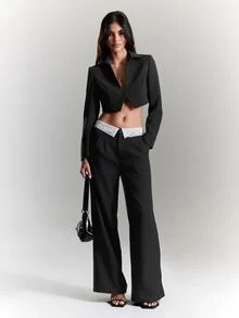 BAD SUNDAY Women's Autumn/Winter Wide Leg Inverted Pleat Lace Patchwork Low Waist Long Pants, Y2K Hot Girl Millennium Style - Black and White - View 4