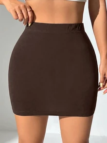 SHEIN PETITE 女款休閒百搭純色裙 - 棕色 - 查看 6