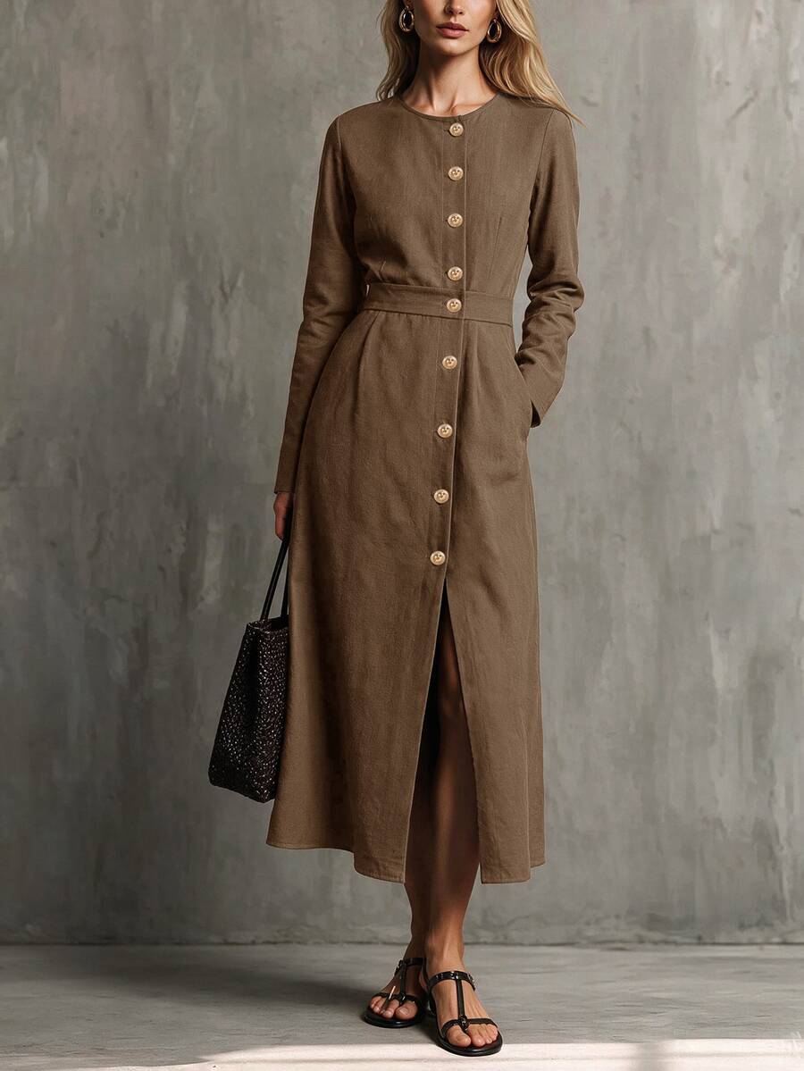 Glimmora Women's Early Autumn New French Elegant Commute Round Neck Button Design Slit Long Sleeve Waist-Cinching Slimming Long Dress - Brown - View 1