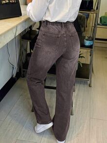 Slaydiva Celana Jeans Wanita Kasual Model Lebar dengan Motif Cuci - Coklat - View 2