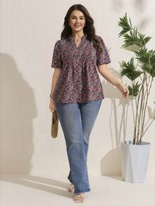 Comfylo 大尺碼休閒度假風碎花荷葉袖女式襯衫 夏季女裝 優雅女款 - 淺粉色 - 查看 5