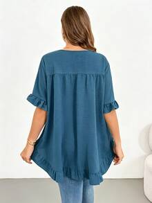 Shapeblank Áo blouse nữ size lớn màu trơn cổ tròn tay ngắn gấu bèo dáng rộng - Màu xanh ngọc - Xem 2