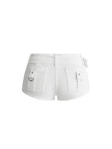 ROMWE Grunge Punk Summer Music Festival Punk Metal Skull Studded Ultra Low Waist High Stretch Skinny Denim Shorts - White - View 2