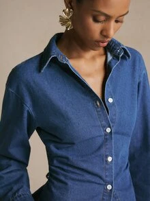 Poéselle Women's Fashion Single-Breasted Cinched Waist Long Sleeve Denim Top - Medium Wash - View 7