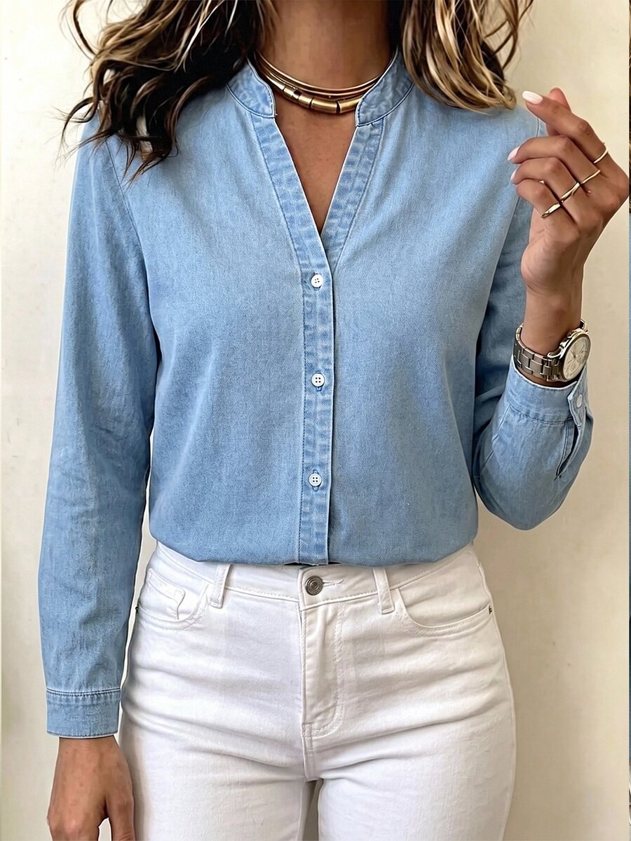 EMERY ROSE Plus Size Women's Notch V-Neck Single-Breasted Casual Denim Shirt - Blue - View 1