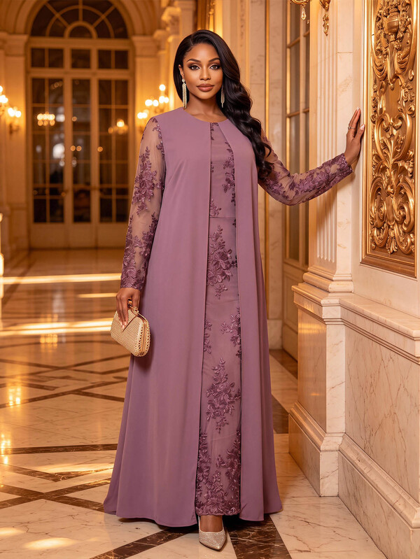 Fleurora Plus Size Vintage Elegant Embroidered Pleated Dress For Evening Party