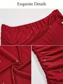 SOLERSUN Women's Elegant Off-Shoulder Ruched High Elastic Glitter Fabric Dress, Suitable For Evening Party, Graduation Season, - Burgundy - View 9