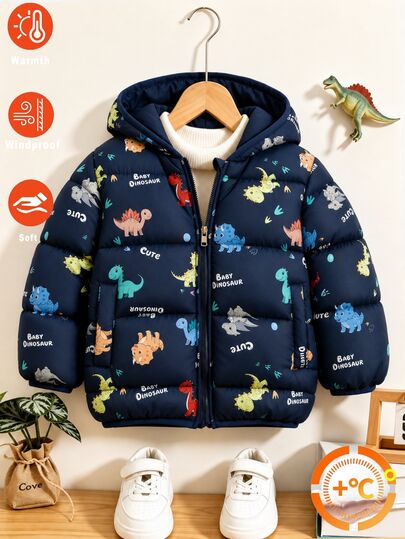 1pc Thickened Dinosaur Print Casual Long Sleeve Padded Coat, Suitable For Daily Wear, Travel, School, Autumn/Winter Season, Outdoor Activities