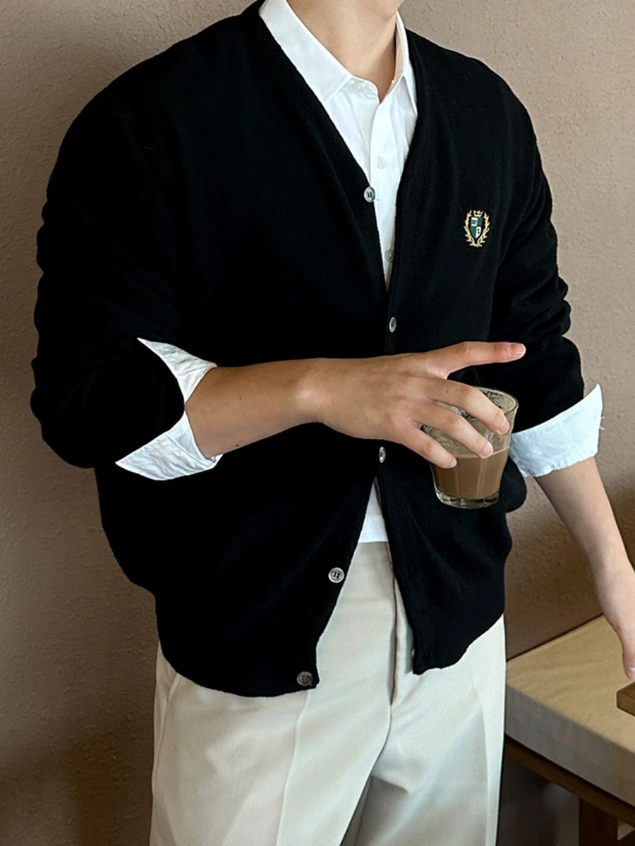 DAZY Spring/Autumn Cardigan With Embroidered Letter Graphic On Chest, Ribbed Hem And Cuffs - Black - View 1
