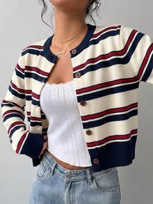 SHEIN BASICS 女款開襟衫，適合春、秋、冬，高端配色，優雅條紋，返校穿搭 - 彩色 - 查看 5