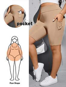 Shapeblank Plus Size Solid Color Butt-Lifting Waist-Cinching Pocket Tight-Fitting Shorts - Khaki - View 1