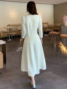 DAZY Women's Round Neck Tie-Front Elegant Long Dress Fall - White - View 2