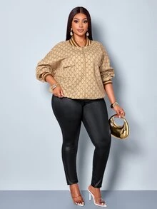 SOLERSUN Plus Size Women's Printed Baseball Jacket Short Zip-Up Jacket With Pocket Design Vintage Top Fall - Khaki - View 9