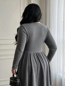Vibekara Plus Size Women's Fitted Long Sleeve A-Line Ribbed Knit Dress, Comfortable For Early Autumn - Grey - View 3