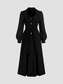 Elamini 女款秋季新款復古修身顯瘦休閒百搭時尚高端黑色大衣 - 黑色 - 查看 4