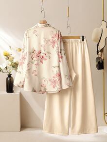 Lacomfia Women's Printed Shirt & Wide Leg Pants 2-Piece Set, Casual Comfortable Minimalist Daily Wear, Plus Size - Apricot - View 2