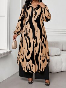 SHEIN Lady 大尺碼單排扣長袖襯衫與寬鬆長褲兩件套 - 彩色 - 查看 1