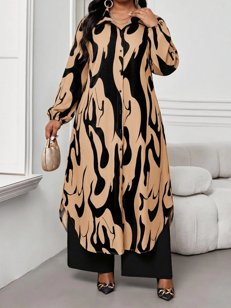 SHEIN Lady 大尺碼單排扣長袖襯衫與寬鬆長褲兩件套 - 彩色 - 查看 1