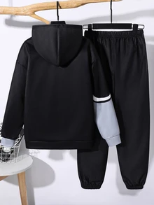SHEIN 青少年男孩字母圖案拼色連帽衛衣與運動長褲休閒日常套裝 - 彩色 - 查看 5