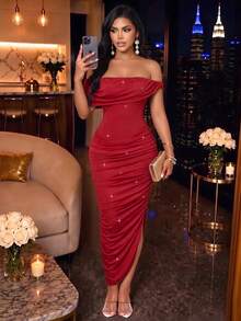 SOLERSUN Women's Elegant Off-Shoulder Ruched High Elastic Glitter Fabric Dress, Suitable For Evening Party, Graduation Season, - Burgundy - View 2