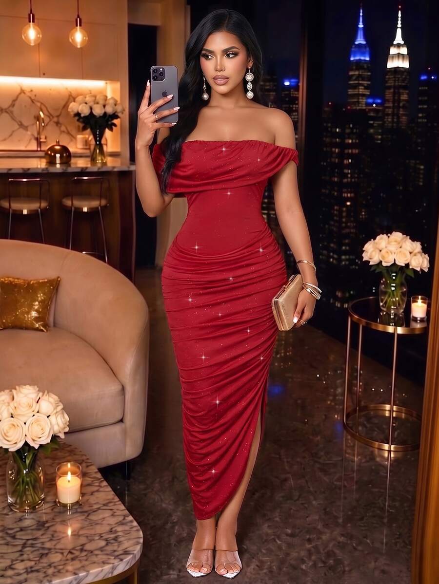 SOLERSUN Women's Elegant Off-Shoulder Ruched High Elastic Glitter Fabric Dress, Suitable For Evening Party, Graduation Season,