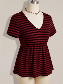 SHEIN ICON 女款大尺碼短袖休閒條紋 2 合 1 T恤 - 紅色和黑色 - 查看 12