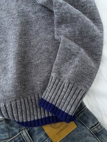 Tween Girl Autumn/Winter Fashion Commute Round Neck Colorblock Pullover Loose Drop Shoulder Long Sleeve Sweater, Suitable For Back To School - Light Grey - View 5